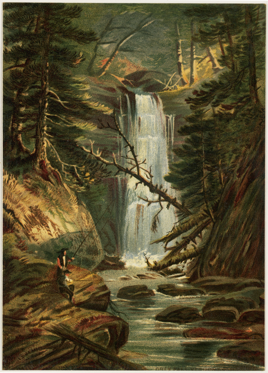 a painting of waterfall with some trees and rocks