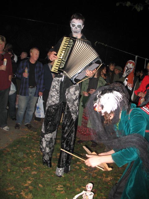 a couple of people in costumes playing with an accordion