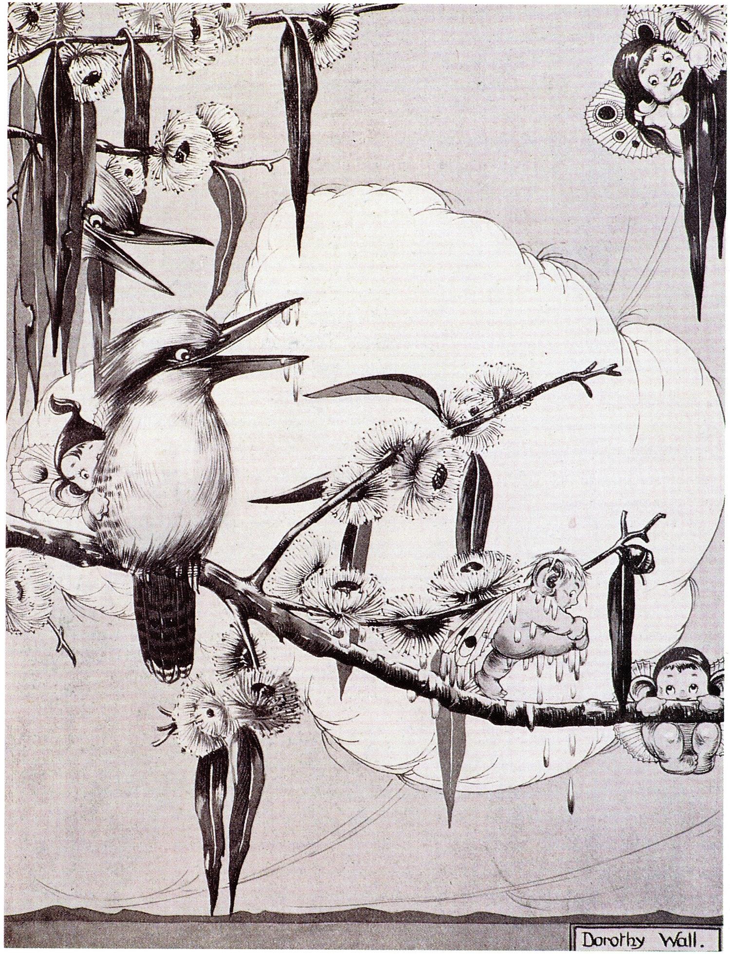 a black and white drawing of three birds on a tree nch