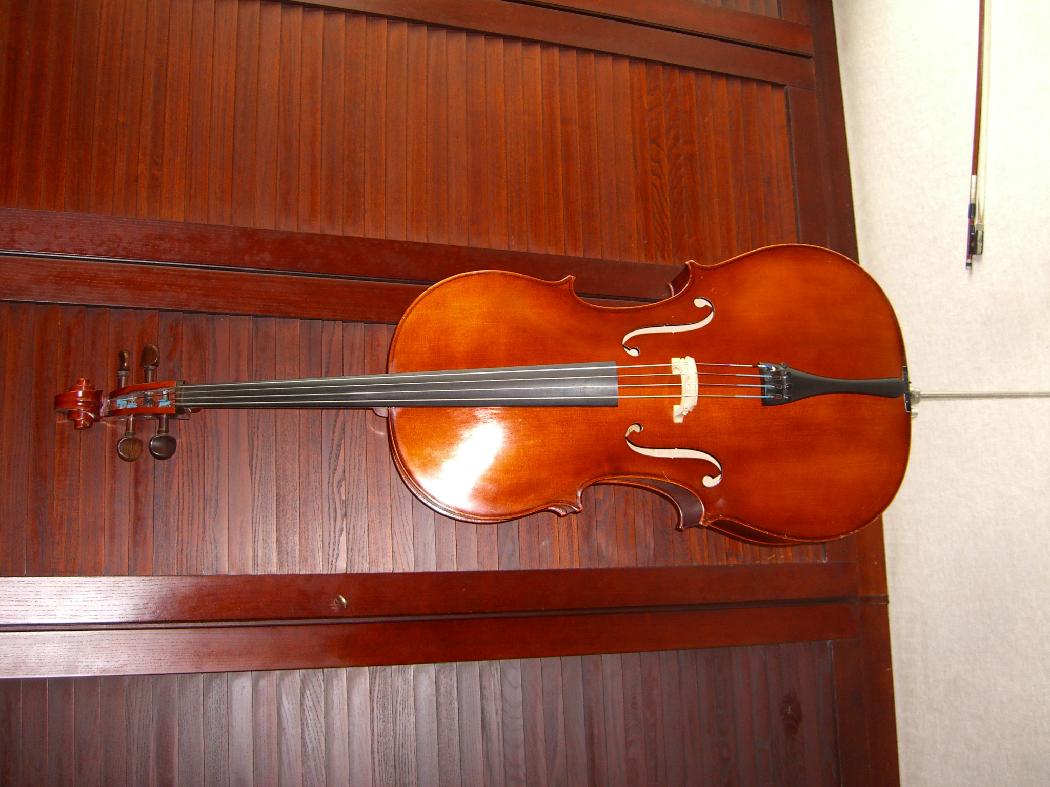 an violin hanging on a wall inside of a wooden room