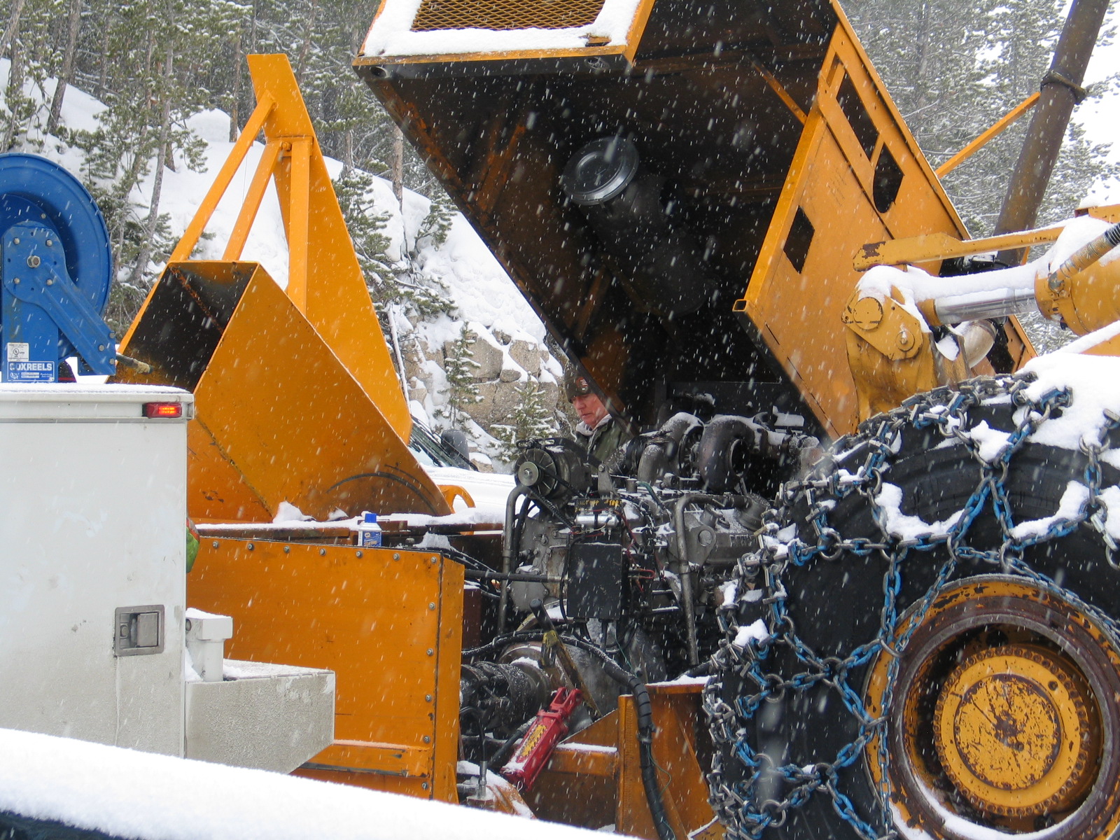 two large yellow vehicles in a snowy field