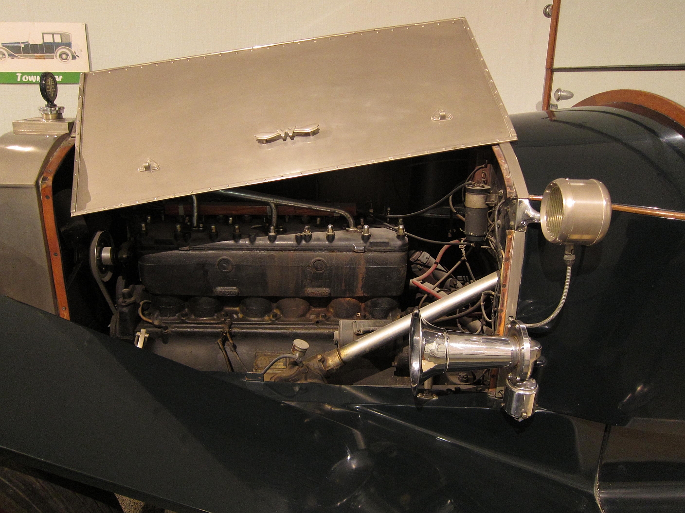 an engine compartment in an old car