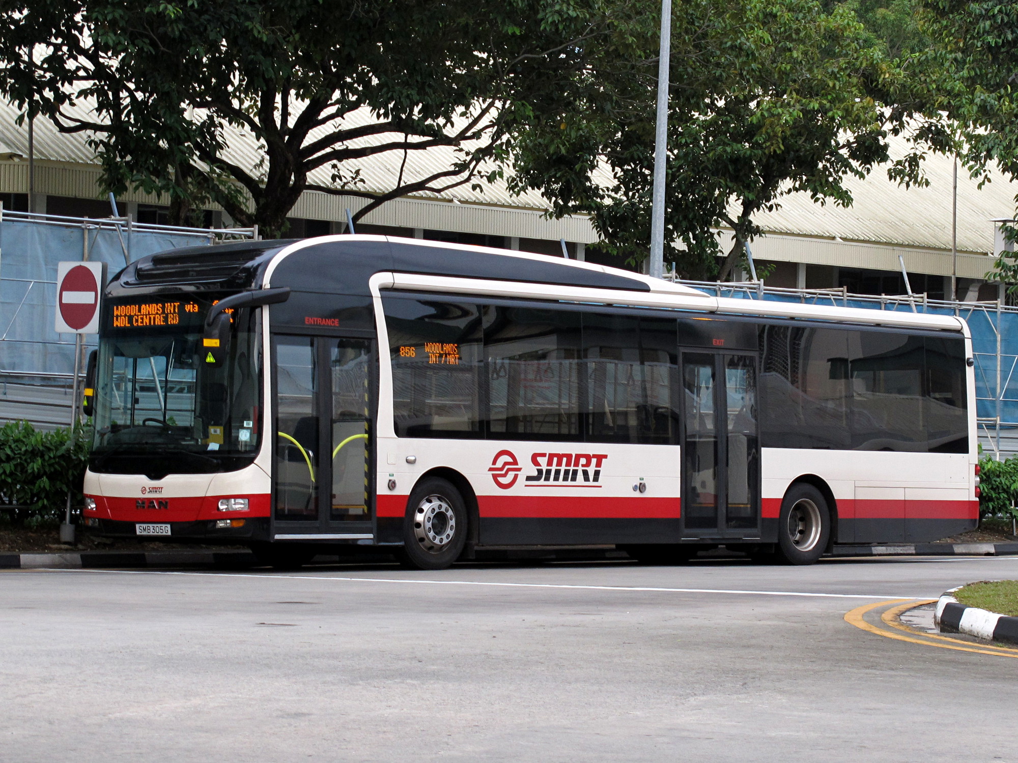 the bus is on the street with trees near by