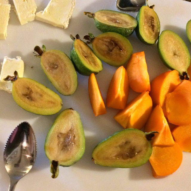 cut oranges, melons, and cheese on a white  board