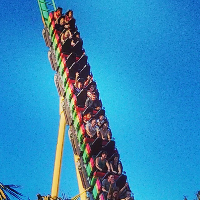 a group of people riding the coaster at a carnival