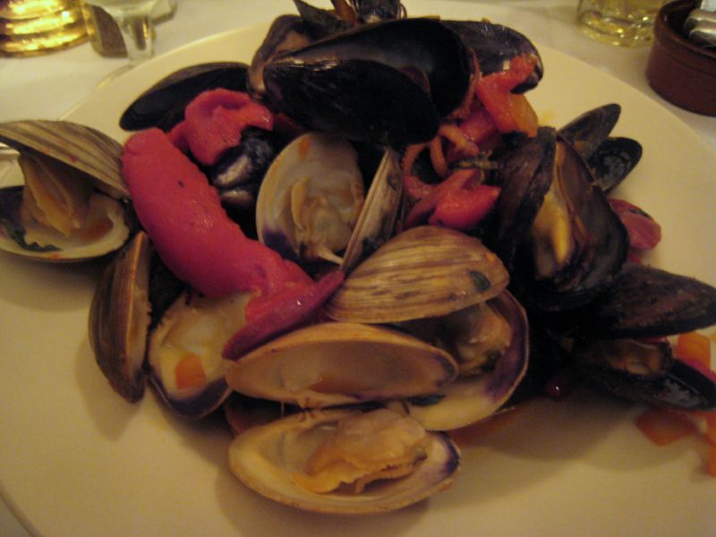 a plate of clams and mussels on a table