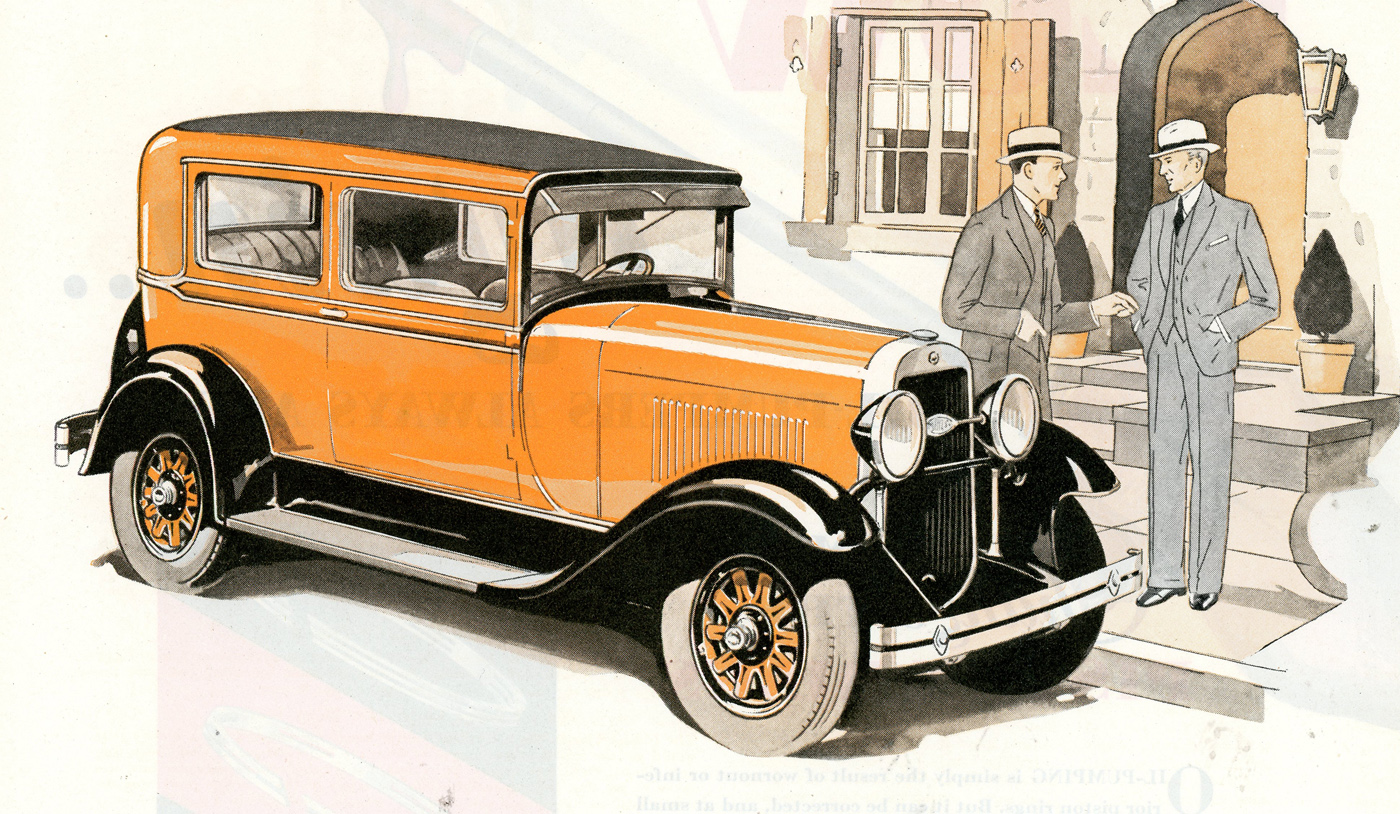 drawing of man with an orange car and another gentleman wearing blue