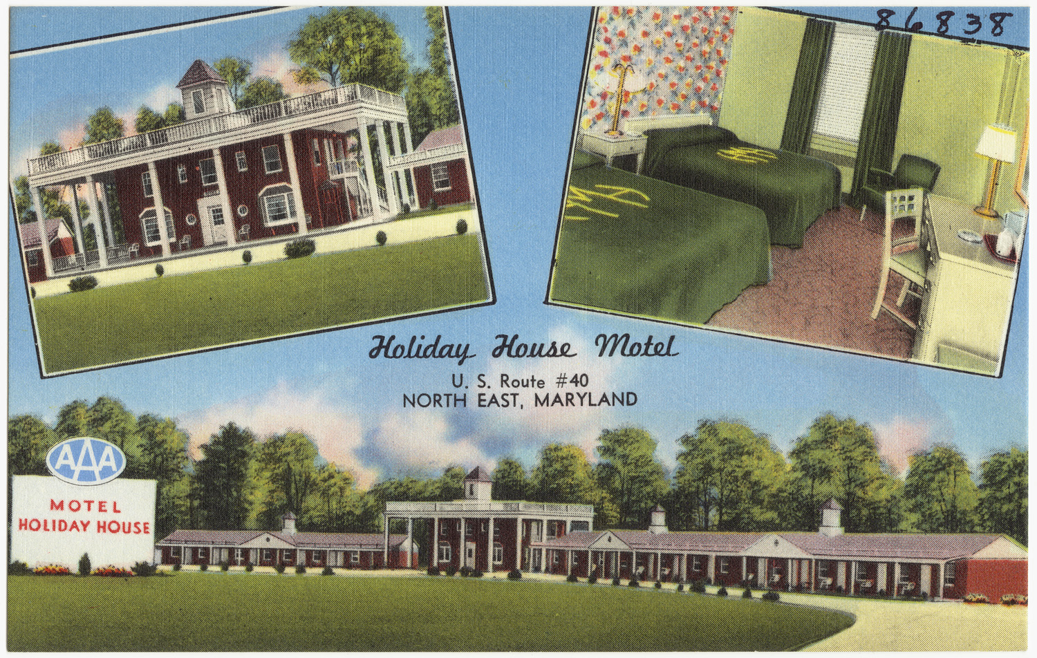a vintage postcard from the past, shows the exterior and front facade of a house
