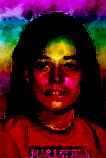 a portrait of a person with a rainbow background