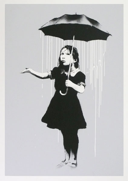 a painting depicting a child in black with an umbrella