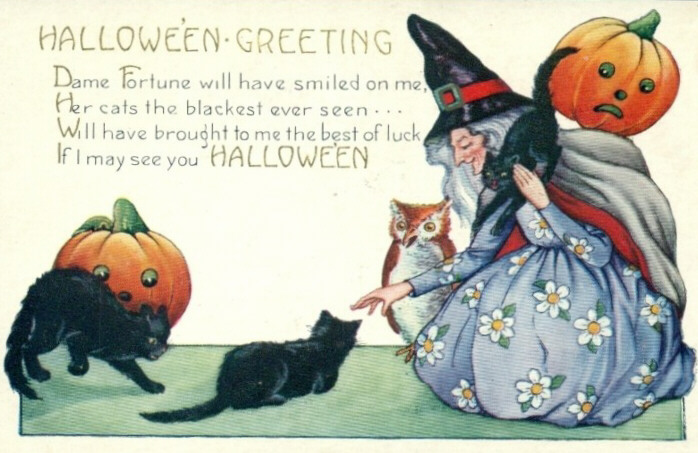 an old fashioned halloween postcard features a witches pumpkin, and two cats