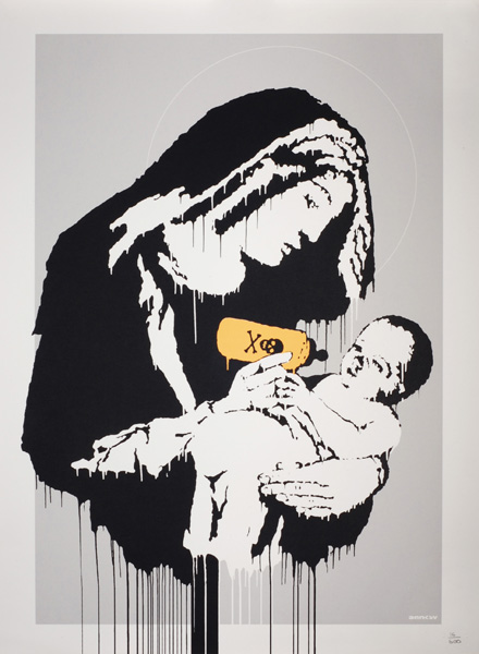 a picture of a man and baby being fed by the same substance