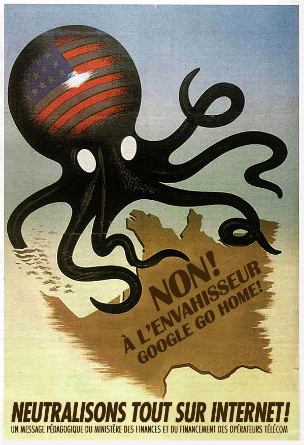 a vintage poster shows an octo with a flag