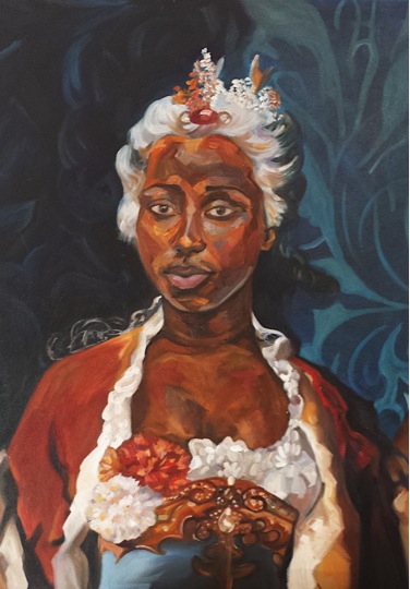 an oil painting of a lady in a crown
