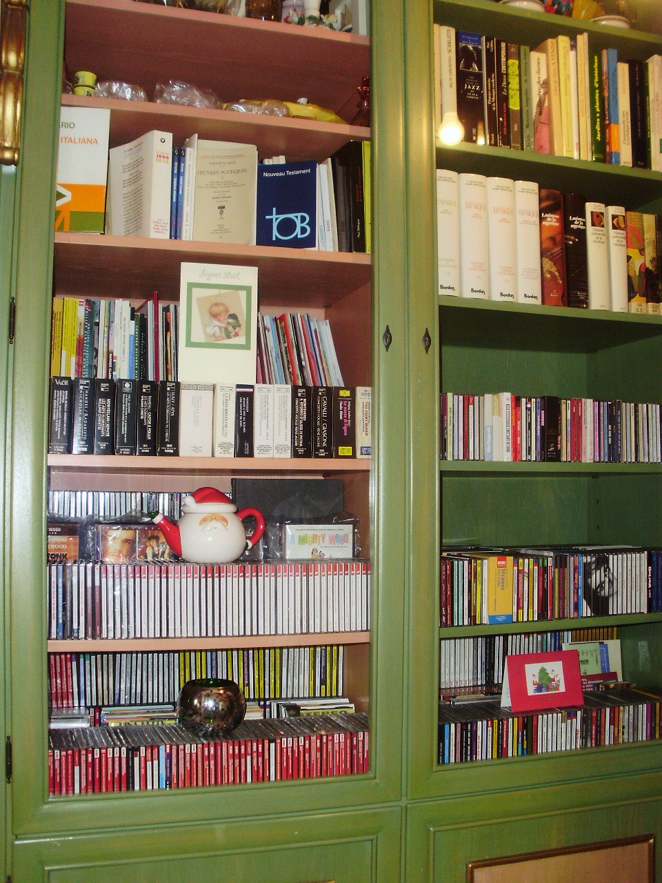 a bookshelf is full of different books in green