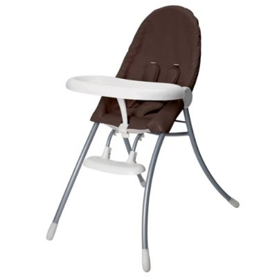 a high chair that has a brown cover on top of it