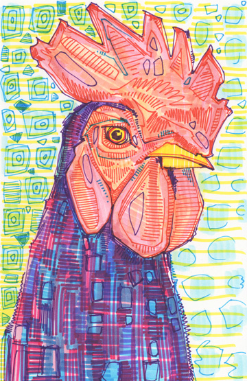a drawing of a chicken in colored plaid