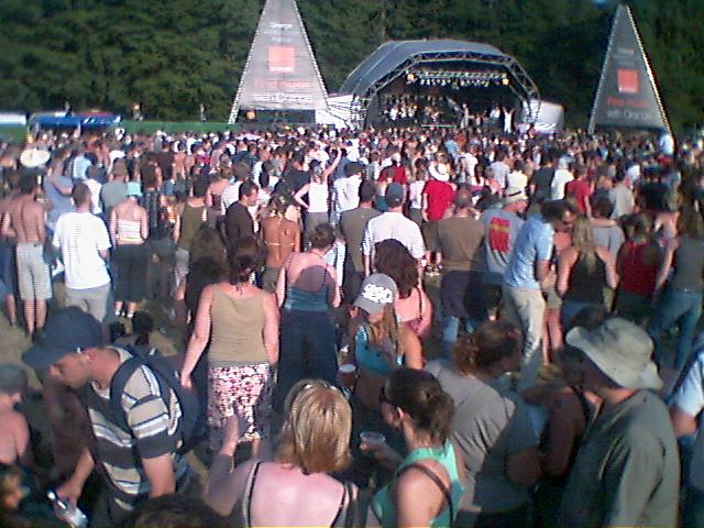 a large crowd of people walk in the forest near a stage