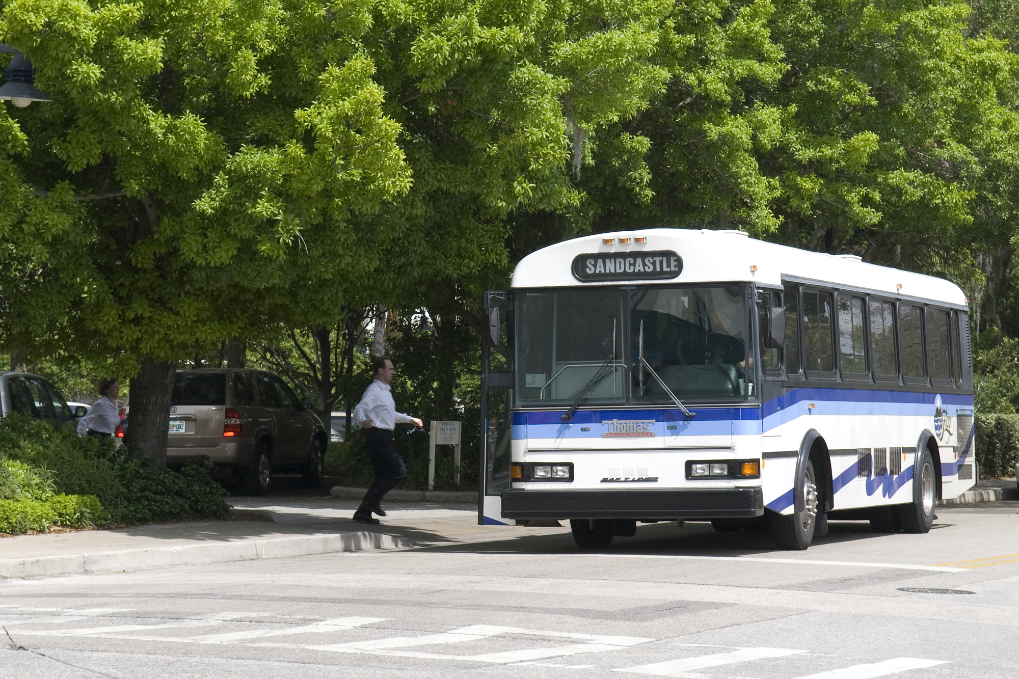 there is a white and blue city bus at the curb