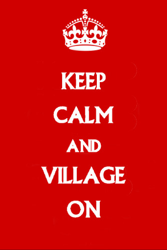 a keep calm and village on poster with a crown