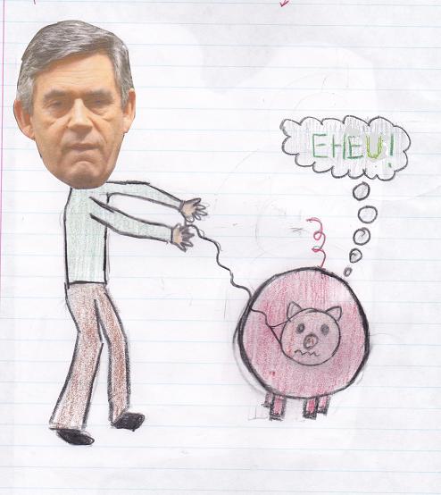 a drawing of a man pulling a pig to the side