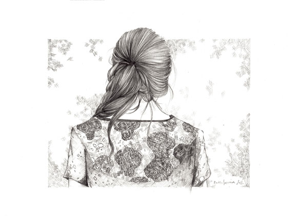 the back of a person's head, showing her hair in a low pony tail