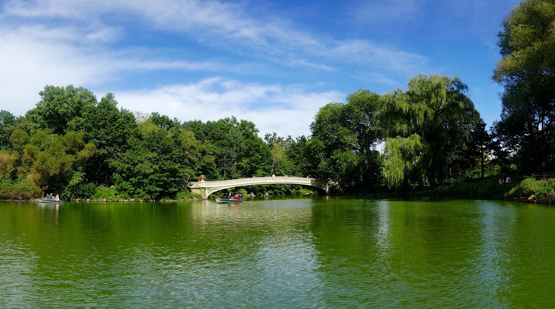 a bridge over a calm green river