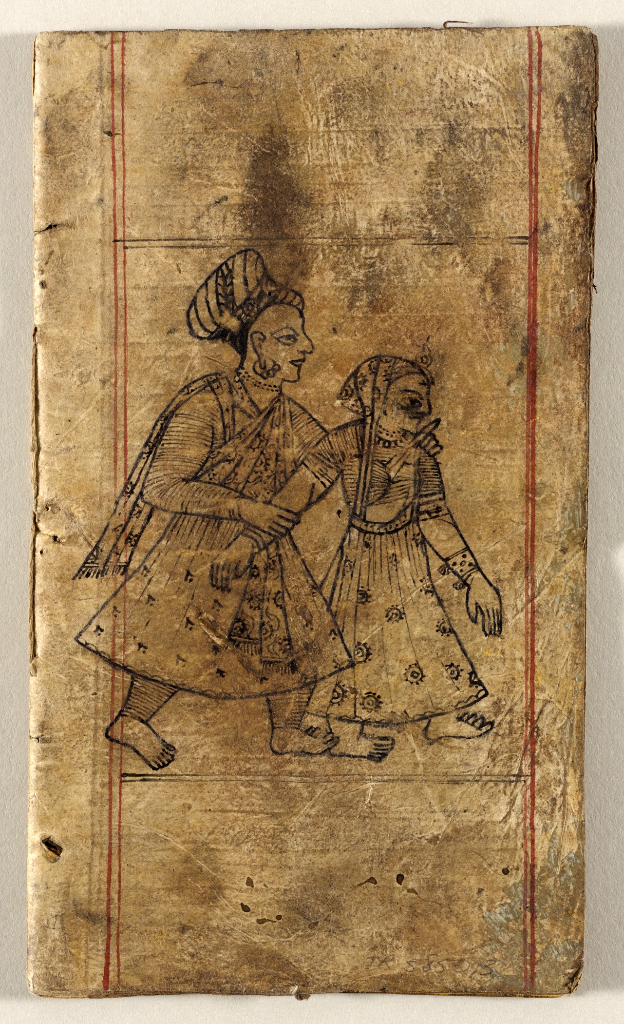 a drawing on a brown paper shows a man walking and a woman walking behind