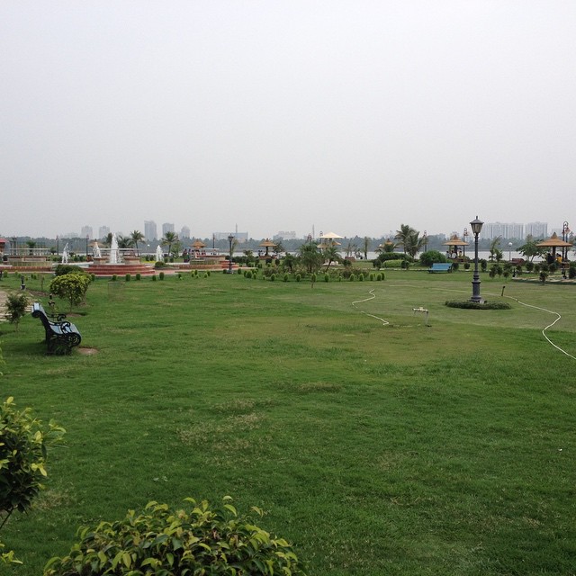 a po of a park and a city in the distance