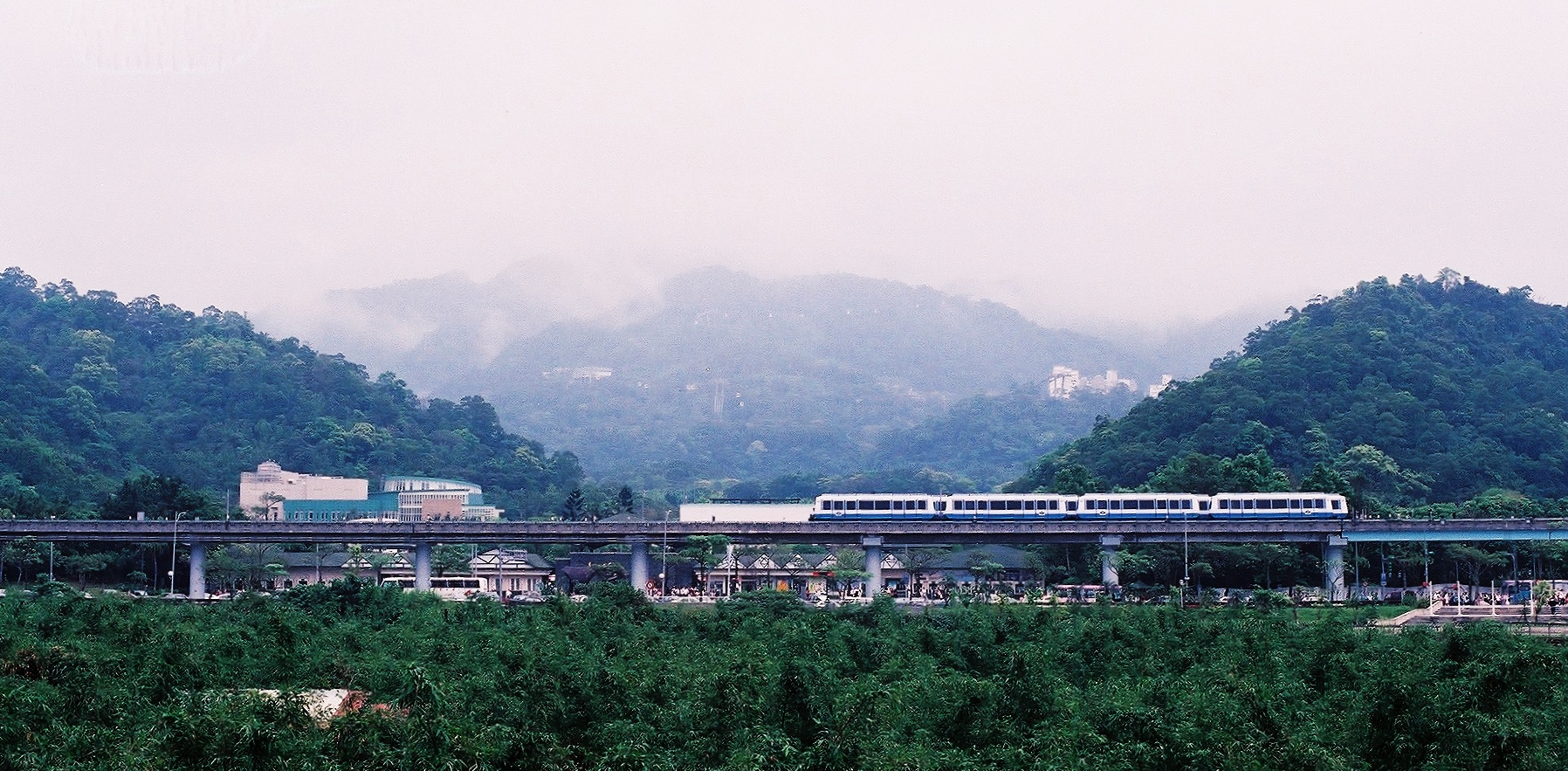 a train that is on a rail above a forest