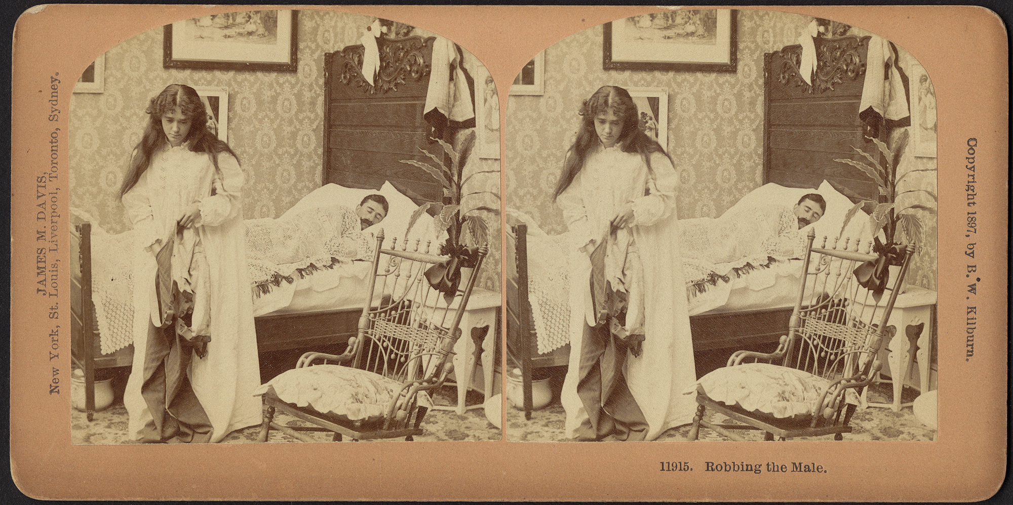 this old pograph shows a woman with long hair standing next to a man in bed