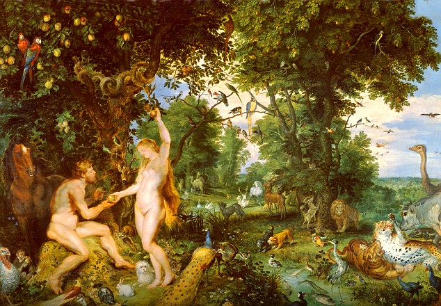 a painting with two men in it next to some animals