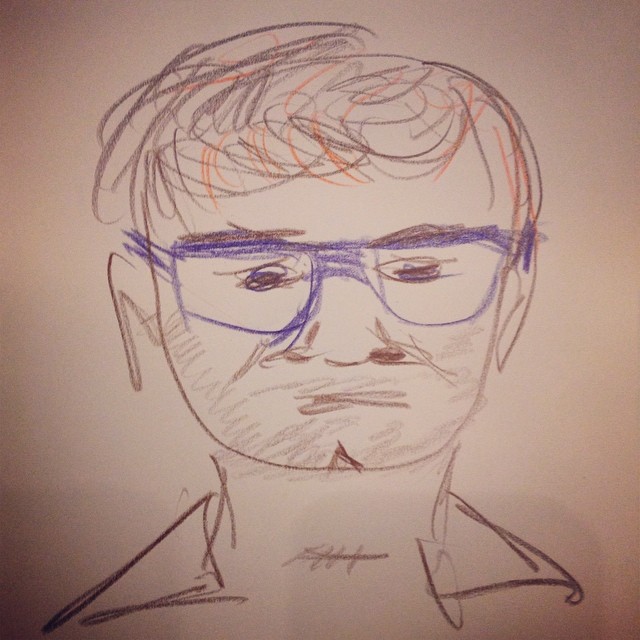 a drawing of a man in glasses and an ear ring