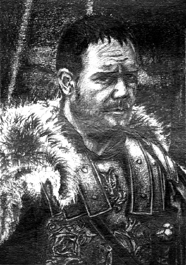 a black and white drawing of a man in armor with fur collars
