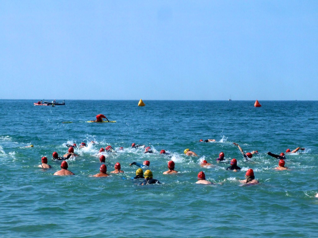 a group of swimmers are out in the ocean together