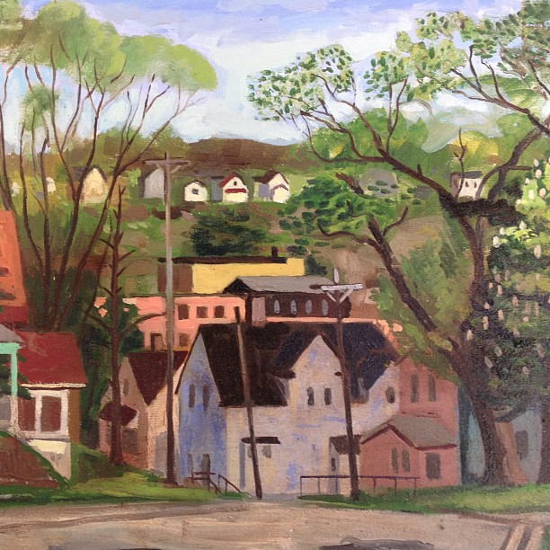 a painting of a small town and trees