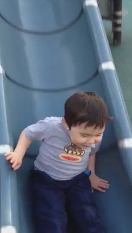a  rides a slide at a play ground
