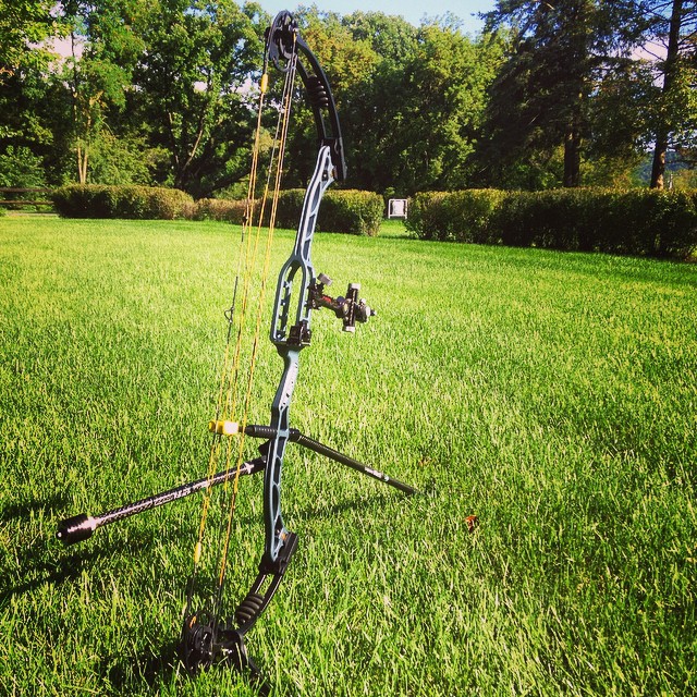 the bow and arrow stand next to each other on a field