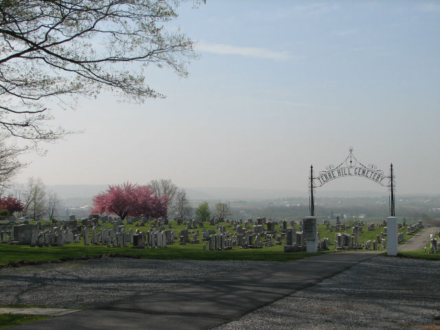 a cemetery in a grassy area with trees and a few bushes