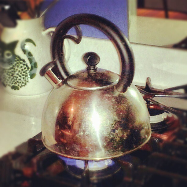 a small silver tea kettle on top of a stove