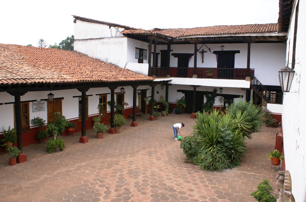 the courtyard is full of large pots and plants