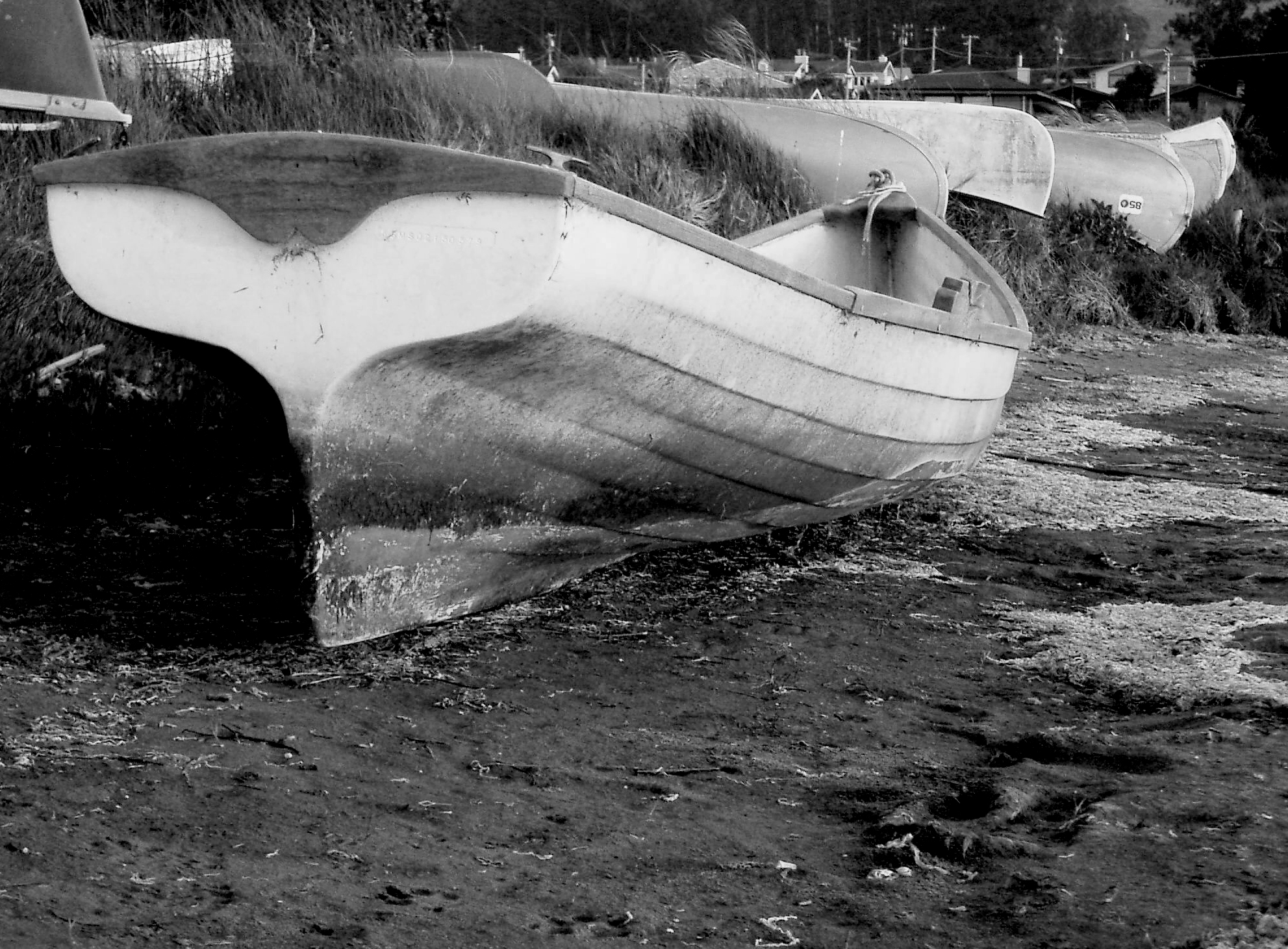 old wooden boats sit on the shore near grass