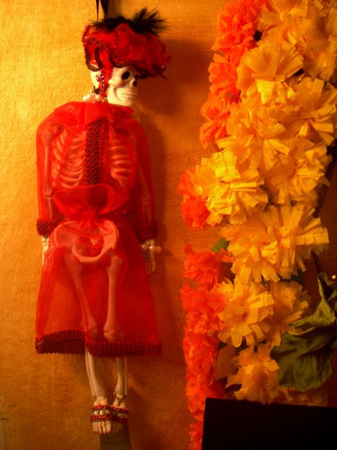 a skeleton woman with an orange dress hanging from the wall
