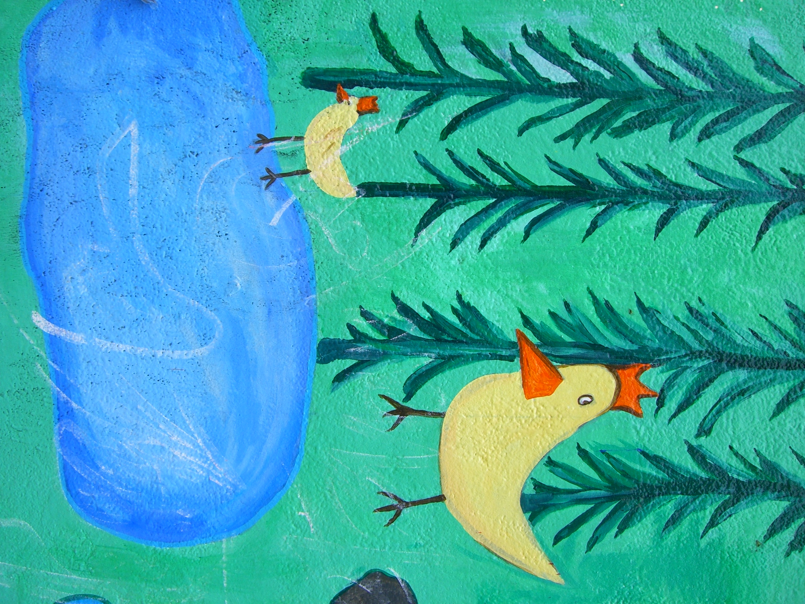 a painting of birds standing on a hillside by a pond