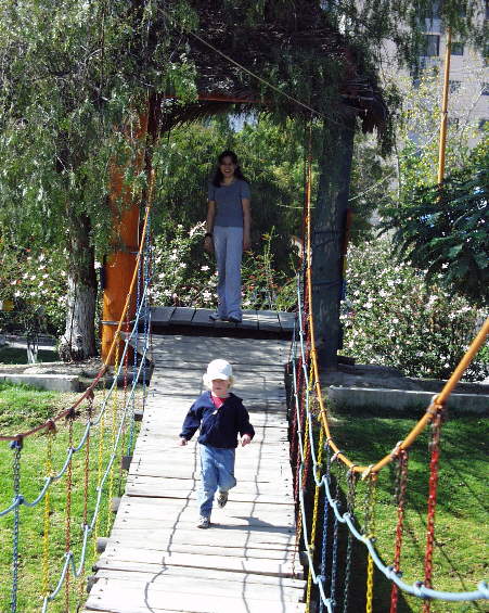 a young child walking on a walkway across grass
