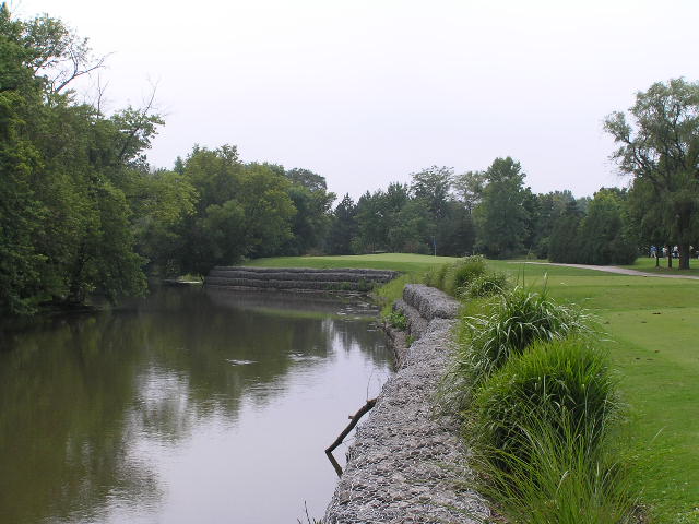 the river by the edge of a golf course with trees