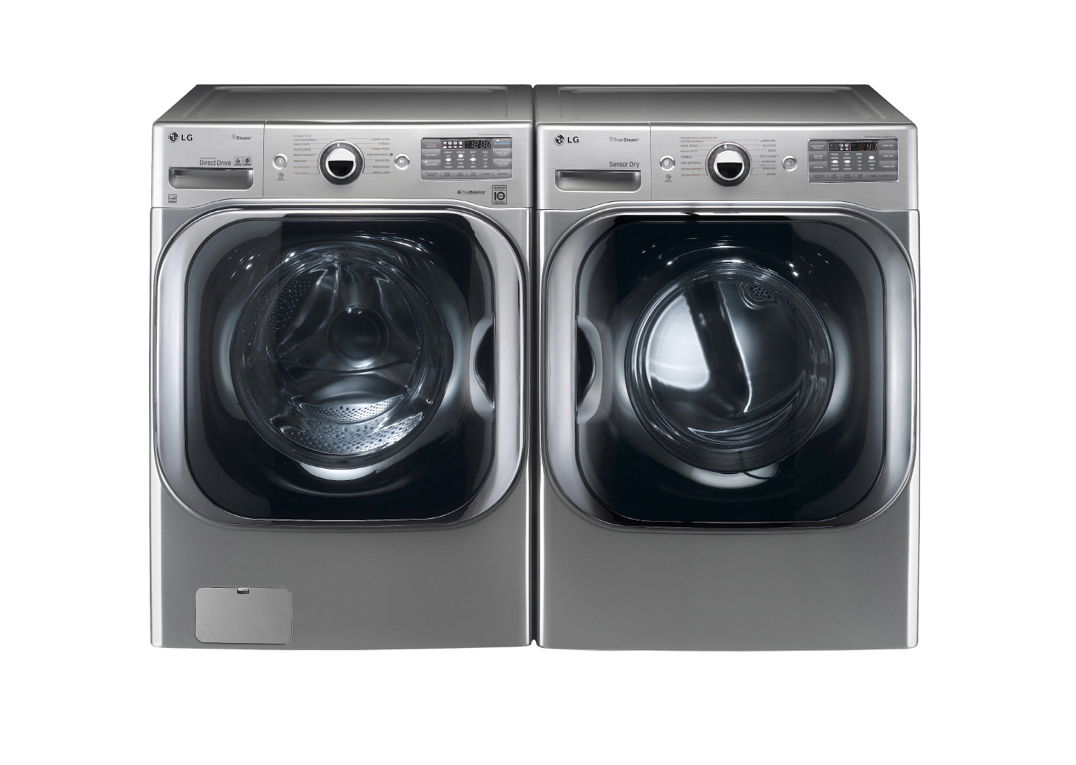 two washers are shown with the door open