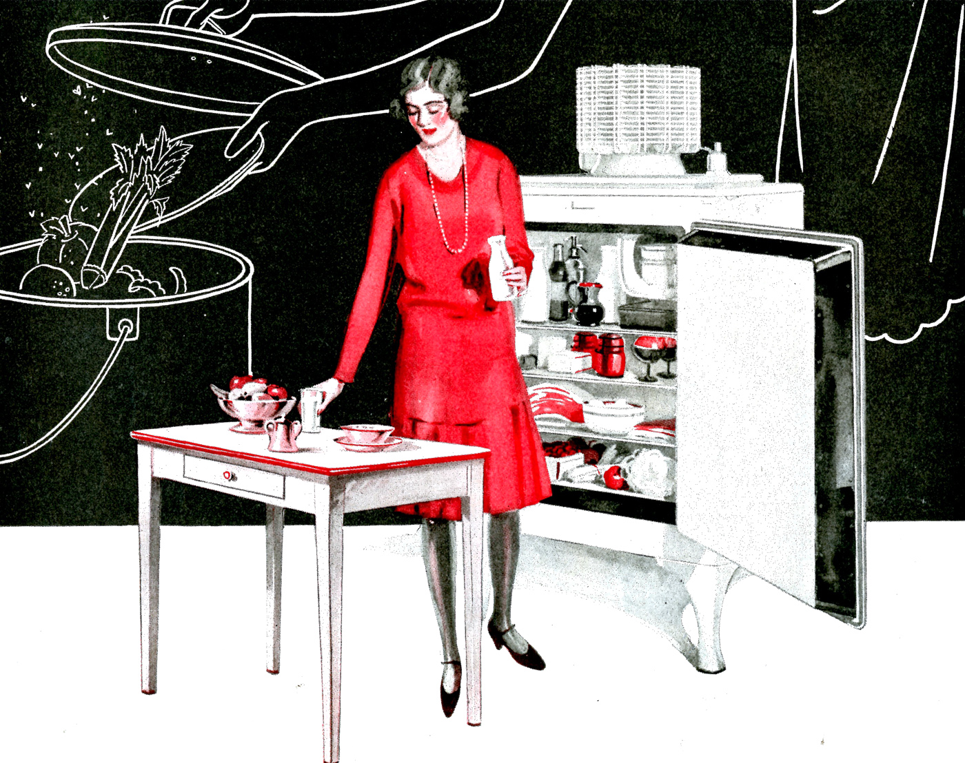 a drawing of an old woman standing in front of a refrigerator