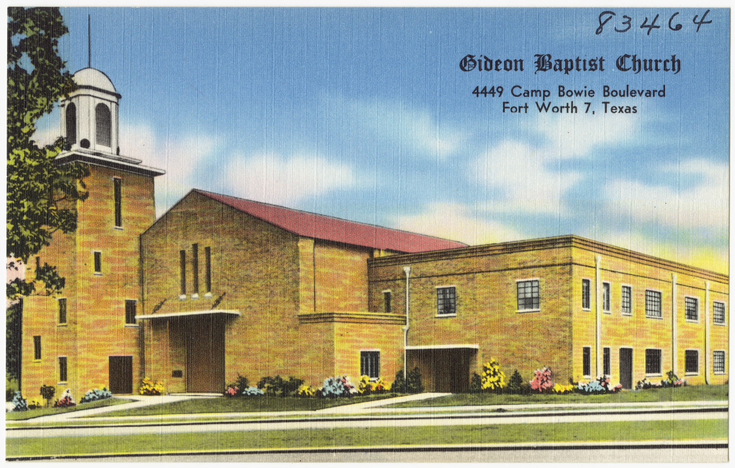 a postcard that shows the exterior of a building with a steeple