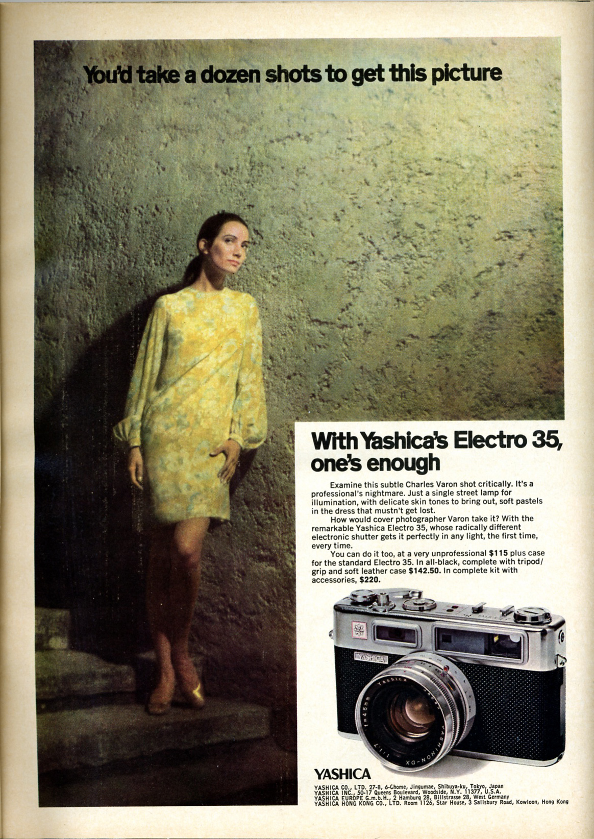 an ad from the sears company showing a model in a yellow dress and matching camera